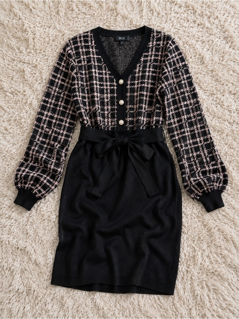 BCX Black White Plaid Tie Waist Sweater Dress Size M NWT Fall